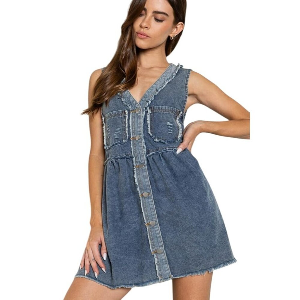 POL Clothing Denim Distressed Sleeveless Dress Blue Small NWot